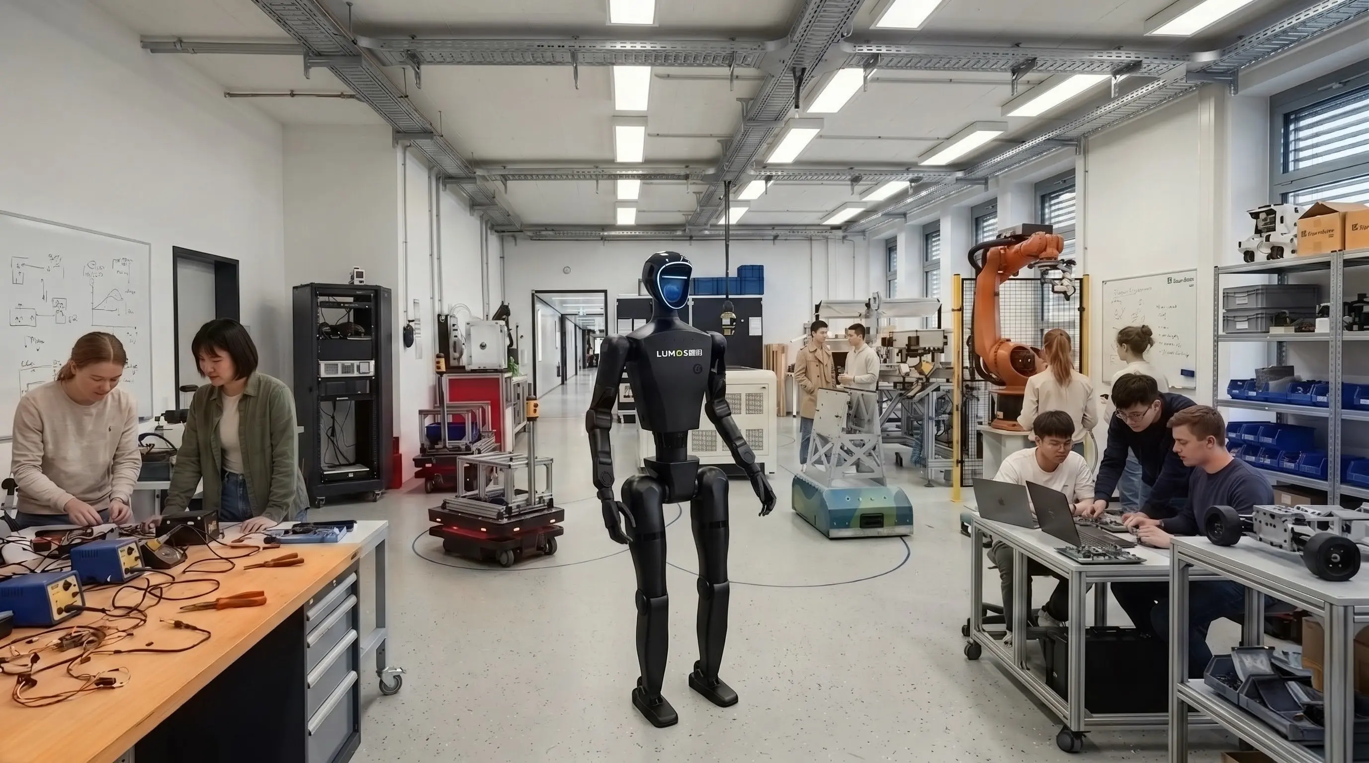 Humanoid robot in a robotics lab surrounded by engineers