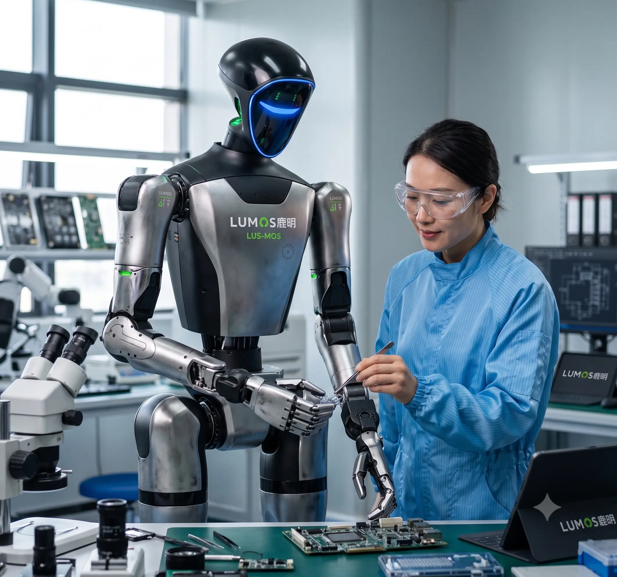 Engineer working alongside a LUMOS humanoid robot at a lab bench